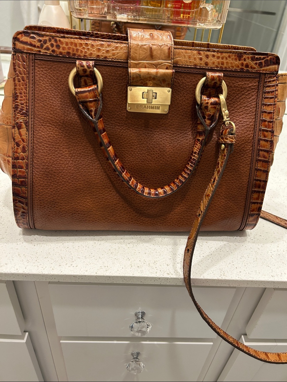 Brahmin Cognac Brown Leather Satchel with Croc-Embossed Trim and Gold Hardware. - Picture 2 of 6